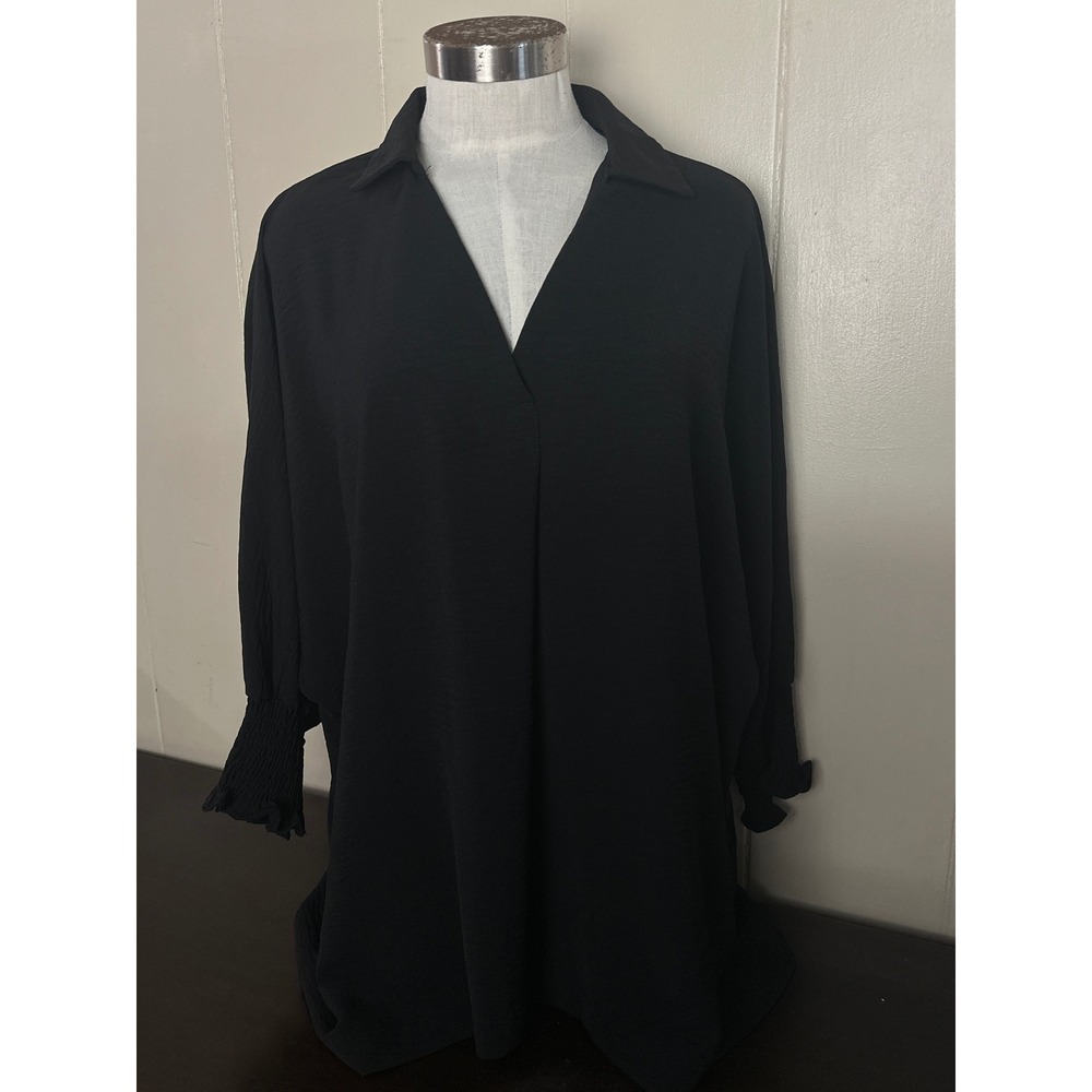 Dokotoo Womens Black Crinkle V-Neck Tunic Top Smocked Ruffle Cuff XL 457